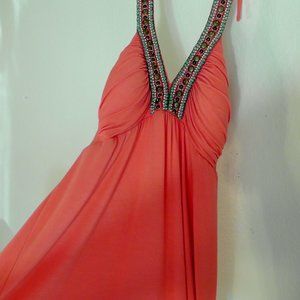 Cache Beaded Coral Halter Top Built-In-Bra